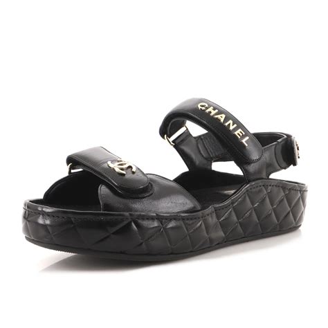 black chanel slides women|Black Chanel velcro sandals.